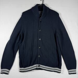 American Eagle Mens Shawl Collar Cardigan Navy Knit Button Front Varsity Strip-L